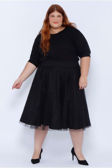 Saia Godê Algodão Tule Preta - Plus Size - DELPHINA