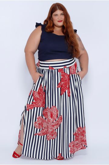 Saia Longa Viscose Listrada Floral - Plus Size - DELPHINA