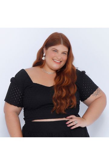 Top Laise Gola V com Manga Preto - Plus Size - DELPHINA