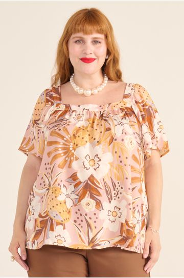 Blusa Bata Viscose Estampa Tropical Rosé - Plus Si... - DELPHINA