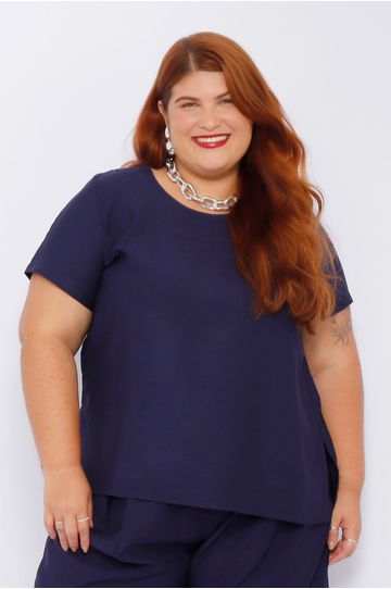 Blusa Social Botão Viscose Azul Marinho - Plus Siz... - DELPHINA