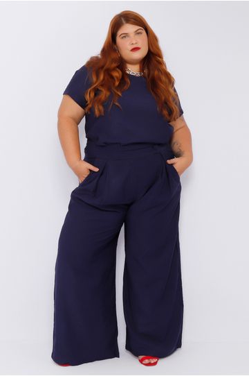 Calça Pantalona Social Viscose Azul Marinho - Plus... - DELPHINA