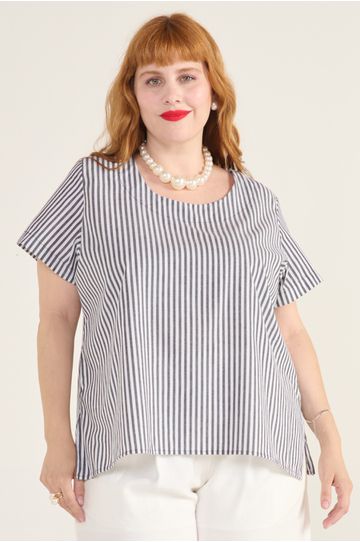 Blusa Social Botão Listra Preta - Plus Size - DELPHINA