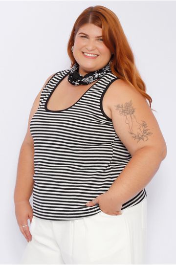 Blusa Regata Malha Listra Preta - Plus Size - DELPHINA