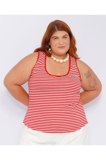 Blusa Regata Listra Vermelha - Plus Size - DELPHINA