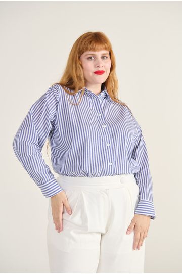Camisa Social Algodão Listra Azul - Plus Size - DELPHINA