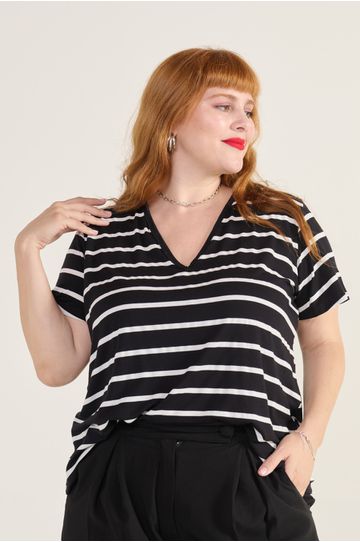 Blusa Podrinha Gola V Listrada Viscose - Plus Size - DELPHINA