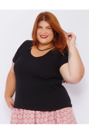 Blusa Malha Ribana Preta - Plus Size - DELPHINA