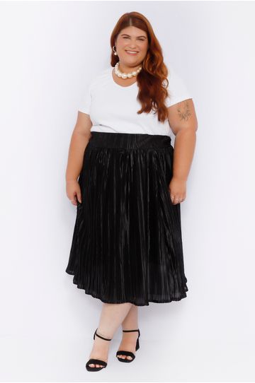 Saia Plissada Cetim Preto Brilho - Plus Size - DELPHINA