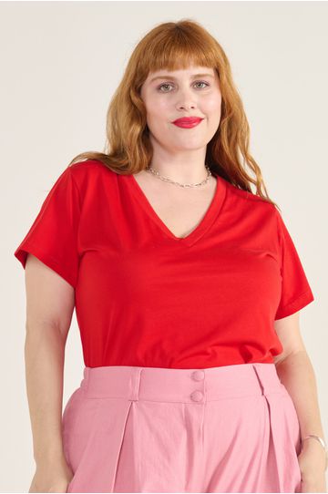 Blusa Algodão PIMA Gola V Vermelha - Plus Size - DELPHINA