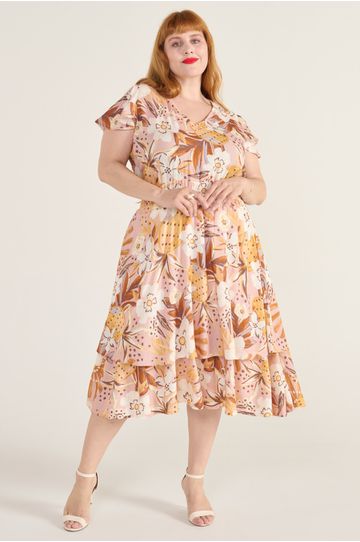 Vestido Viscose Estampa Tropical Rosé - Plus Size - DELPHINA