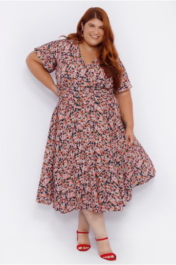 Vestido Viscose Estampa Liberty Azul Marinho - Plu... - DELPHINA