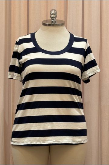 Blusa Premium Listra Azul Gola Azul - Plus Size - DELPHINA