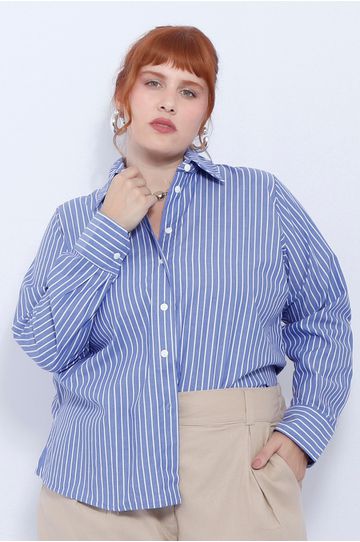 Camisa Social Algodão Azul Listra - Plus Size - DELPHINA