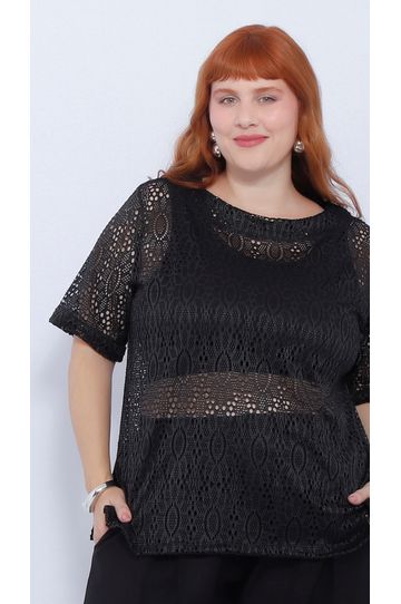 Blusa Renda Crochet Preta - Plus Size - DELPHINA