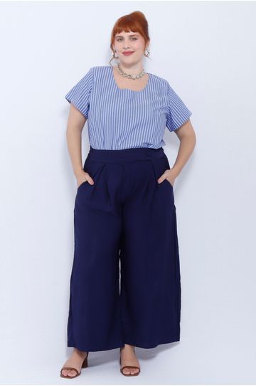 Calça Pantalona Social Viscose Azul Marinho - Plus... - DELPHINA