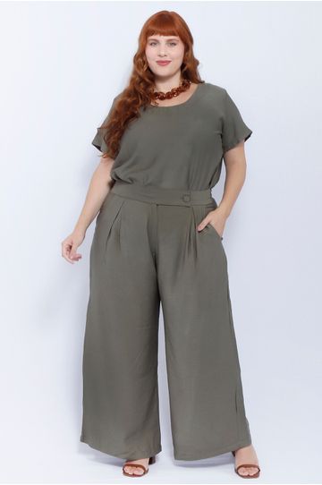 Calça Pantalona Social Viscose Verde Militar - Plu... - DELPHINA