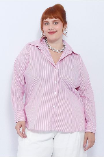 Camisa Social Algodão Listra Rosa - Plus Size - DELPHINA