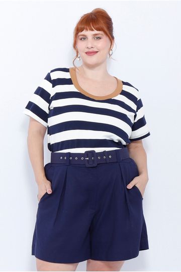 Short Botões Linho com Elastano Azul - Plus Size - DELPHINA