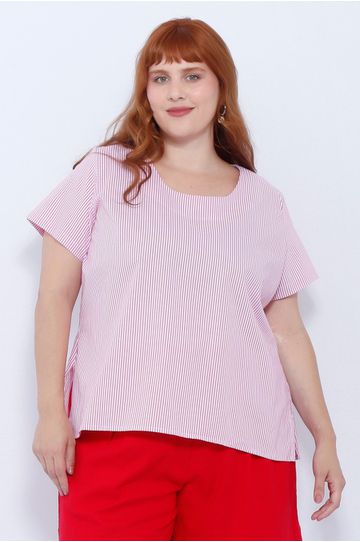 Blusa Social Botão Rosa Listrada - Plus Size - DELPHINA