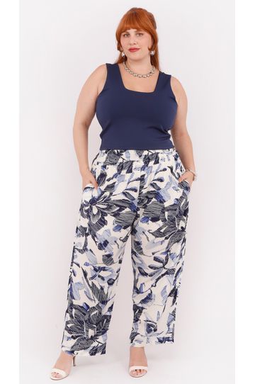 Calça Viscose Estampa Azul Floral - Plus Size - DELPHINA
