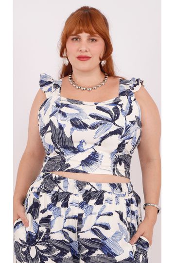 Top Babadinho Viscose Azul Floral - Plus Size - DELPHINA