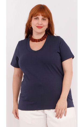 Blusa Malha Algodão Premium Azul Marinho - Plus Si... - DELPHINA