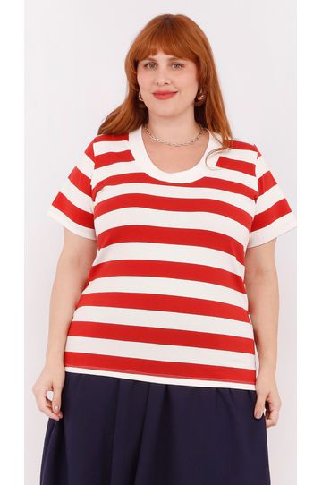 Blusa Premium Listra Vermelha Gola Off - Plus Size - DELPHINA