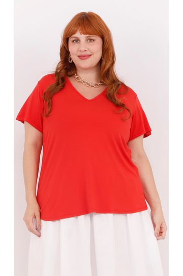 Blusa Podrinha Gola V Vermelho Coral - Plus Size - DELPHINA