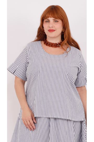 Blusa Social Algodão Listrada Azul - Plus Size - DELPHINA