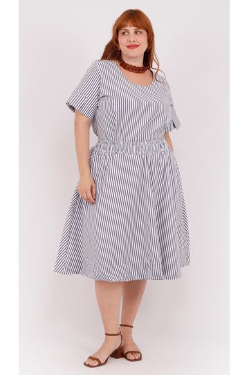 Look Saia e Blusa Azul Listrado