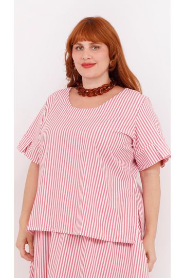 Blusa Social Algodão Listrada Vermelha - Plus Size - DELPHINA