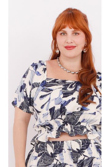 Blusa Peplum Azul Floral - Plus Size - DELPHINA