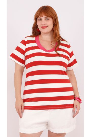 Blusa Premium Listra Vermelha Gola Pink - Plus Siz - DELPHINA