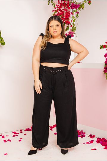 Top Babadinho Linho com Elastano Preto - Plus Size - DELPHINA