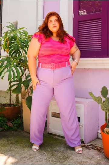 Blusa Manga Babadinho Listrada Rosa - Plus Size - DELPHINA
