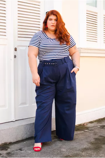 Calça Pantalona Botões 2.0 Linho com Elastano Azul... - DELPHINA