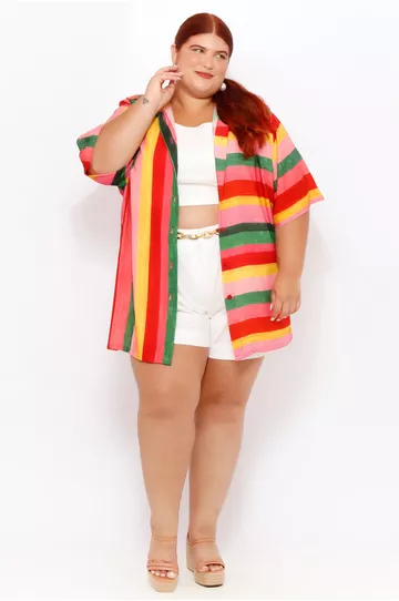 Camisa Manga Curta Listras Color - Plus Size - DELPHINA