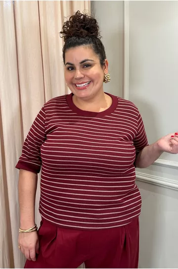 Blusa Moletinho Manga 3/4 Vinho Listrada - Plus Si... - DELPHINA