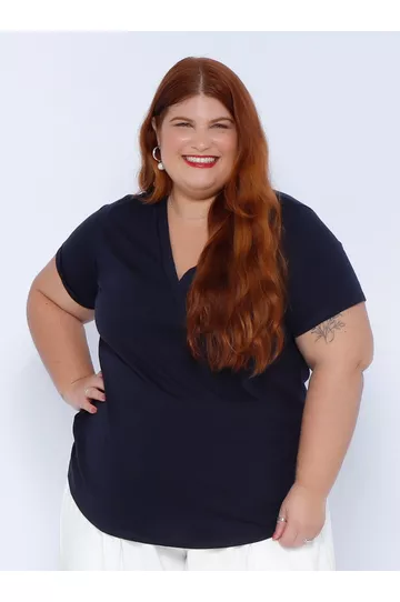 Blusa Algodão PIMA Gola V Azul Marinho - Plus Size - DELPHINA
