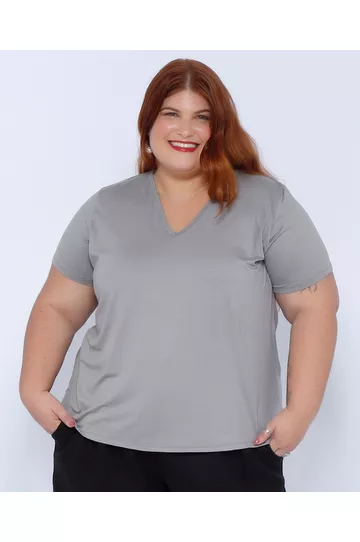 Blusa Podrinha Gola V CInza Viscose - Plus Size - DELPHINA