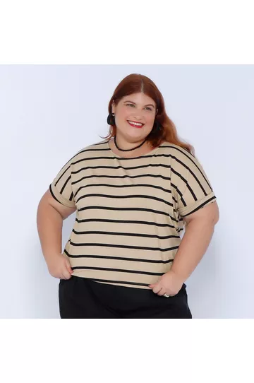 Blusa Malha Premium Bege Listra Preta - Plus Size - DELPHINA