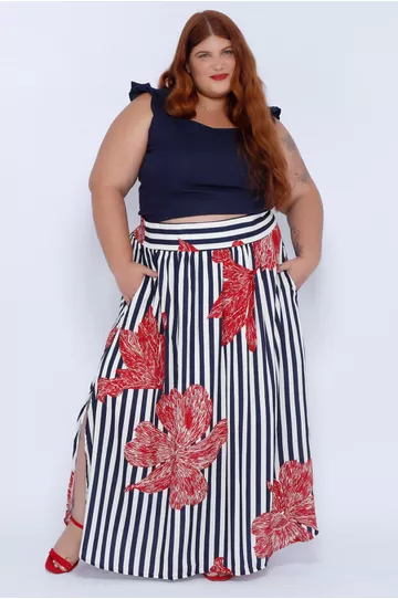 Saia Longa Viscose Listrada Floral - Plus Size - DELPHINA