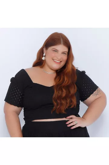 Top Laise Gola V com Manga Preto - Plus Size - DELPHINA