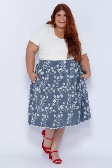 Saia Bordada Azul - Plus Size - DELPHINA