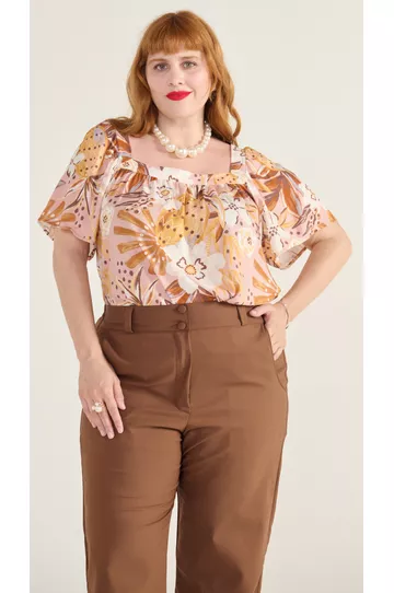 Calça Algodão com Elastano Marrom - Plus Size - DELPHINA
