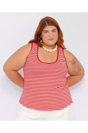 Blusa Regata Listra Vermelha - Plus Size - DELPHINA