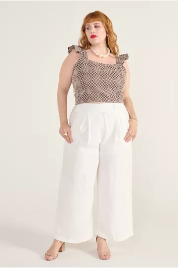 Calça Pantalona Social Viscose Off White - Plus Si... - DELPHINA