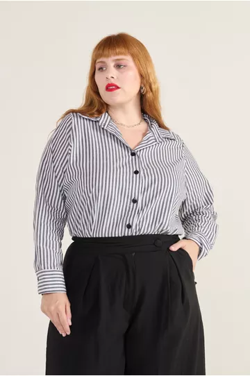 Camisa Social Algodão Listra Preta - Plus Size - DELPHINA