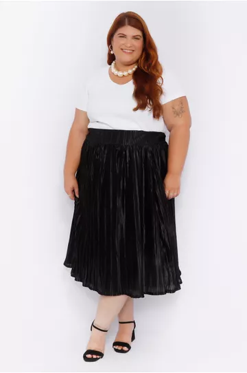 Saia Plissada Cetim Preto Brilho - Plus Size - DELPHINA
